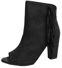 Breckelle's Women's Tassel Fringe Peep Toe Stacked Chunky Heel Bootie