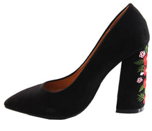 DBDK Women's Floral Embroidered Block Heel Pointed Toe Pump