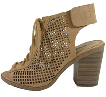 Soda Women's Perforated Lace Up Peep Toe Stacked Chunky Heel Bootie