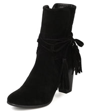 Breckelle's Women's Wrap Around Tassel Western Chunky Stacked Heel Ankle Bootie