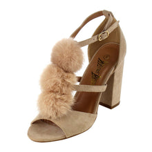 Nature Breeze Women's Strappy Open Toe Pom Pom Chunky Stacked Block Heel Sandal