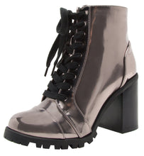 Qupid Women's Lace-Up Closed Round Toe Chunky Stacked Block Heel Ankle Bootie