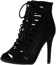 Paprika by Soda Women's Tinley Caged Lace Up Stiletto Open Toe Boot