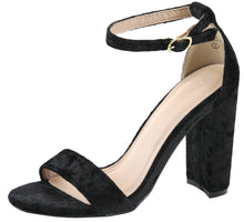 Bella Marie Women's Crushed Velvet Ankle Strappy Open Toe Block Heel Sandal