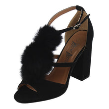 Nature Breeze Women's Strappy Open Toe Pom Pom Chunky Stacked Block Heel Sandal