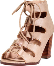 Delicious Women's Yohan Open Toe Lace Up Stacked Heel