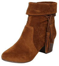 Breckelle's Women's Closed Toe Tassel Cuff Chunky Stacked Mid Heel Ankle Bootie