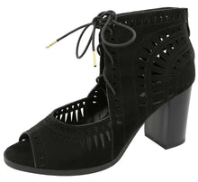 Top Moda Women's Laser Cut Lace Up Stacked Chunky Heel Ankle Bootie Sandal