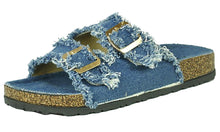 Refresh Footwear Women's Frayed Denim Double Buckle Slip On Slide Sandal