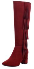 Refresh Footwear Women's Fringe Almond Toe Side Zip Chunky Heel Knee High Boot