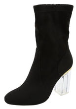 Top Moda Women's Closed Almond Toe Lucite Heel Mid-Calf Sock Boot