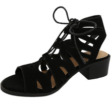 Top Moda Women's Scalloped Edge Lace Up Block Heel Sandal
