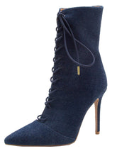 Qupid Women's Mid Calf Lace Up Pointed Toe Stiletto Heel Boot