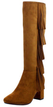 Refresh Footwear Women's Fringe Almond Toe Side Zip Chunky Heel Knee High Boot