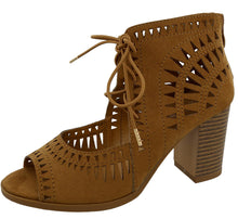 Top Moda Women's Laser Cut Lace Up Stacked Chunky Heel Ankle Bootie Sandal