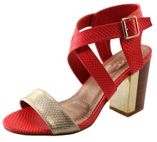 DBDK Women's Snake Croc Embossed Metallic Color Block Stacked Chunky Block Heel