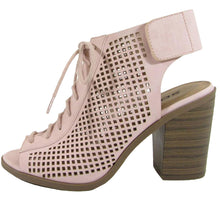 Soda Women's Perforated Lace Up Peep Toe Stacked Chunky Heel Bootie