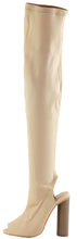 Bella Marie Women's Open Toe Open Back Stretch Over the Knee Stacked Heel Boot