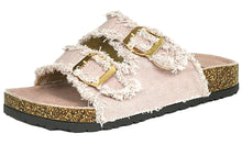 Refresh Footwear Women's Frayed Denim Double Buckle Slip On Slide Sandal