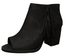 Soda Women's Sueded Fringe Peep Toe Chunky Stacked Heel Bootie