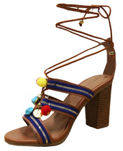 Wild Diva Women's Pom Pom Gladiator Ankle Wrap Stacked Chunky Heel Sandal