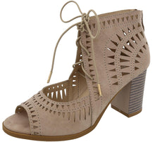 Top Moda Women's Laser Cut Lace Up Stacked Chunky Heel Ankle Bootie Sandal