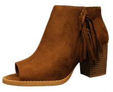 Soda Women's Sueded Fringe Peep Toe Chunky Stacked Heel Bootie