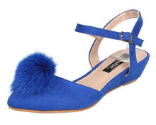 DBDK Women's d'Orsay Pointy Toe Ankle Strappy Buckle Pom Pom Ballet Wedge