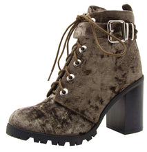 Qupid Women's Lace-Up Ankle Strappy Buckle Chunky Stacked Heel Ankle Bootie
