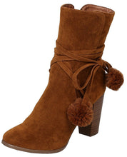 Breckelle's Women's Wrap Around Pom Pom Chunky Stacked Heel Ankle Bootie