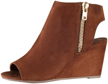 Delicious by Soda Women's Hyatte Peep Toe Open Back Zip Wedge Bootie