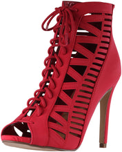 Paprika by Soda Women's Tinley Caged Lace Up Stiletto Open Toe Boot