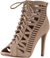 Paprika by Soda Women's Tinley Caged Lace Up Stiletto Open Toe Boot