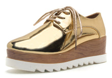 Qupid Women's Metallic Wingtip Lace-Up Wood Platform Wedge Oxford Shoe