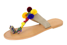 MIA Women's Dulcia Pom Bohemian Colorful Boho Slip On Flip Flop Sandal