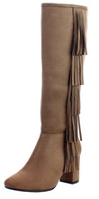 Refresh Footwear Women's Fringe Almond Toe Side Zip Chunky Heel Knee High Boot