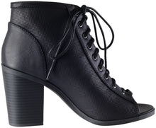 Soda Women's Joanna Stacked Chunky Heel Lace Up Front Peep Toe Bootie