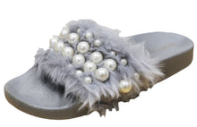 Wild Diva Women's Embellished Pearl Faux Fur Platform Wedge Slide Sandal
