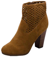 Breckelle's Women's Laser Cut Stacked Chunky Heel Almond Toe Bootie