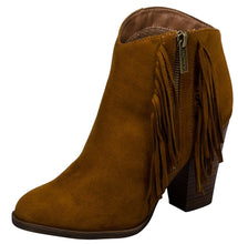Breckelle's Women's Fringe Western Closed Toe Chunky Stacked Heel Ankle Bootie