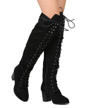 Nature Breeze FI01 Women Faux Suede Over The Knee Lace Up Chunky Heel Combat Boot