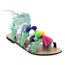 Chase & Chloe Simone-1 Women's Leg Wrap Tassel Pom-Pom Beads Flat Sandals