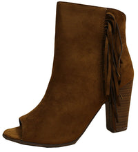 Breckelle's Women's Tassel Fringe Peep Toe Stacked Chunky Heel Bootie