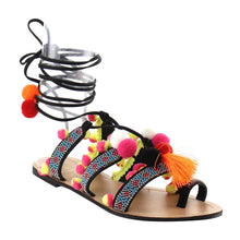 Chase & Chloe Simone-1 Women's Leg Wrap Tassel Pom-Pom Beads Flat Sandals