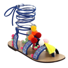 Chase & Chloe Simone-1 Women's Leg Wrap Tassel Pom-Pom Beads Flat Sandals