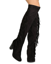 Breckelles GB03 Women Faux Suede Over The Knee Falling Fringe Chunky Heel Boot