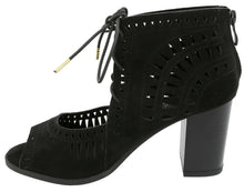 Top Moda Women's Laser Cut Lace Up Stacked Chunky Heel Ankle Bootie Sandal
