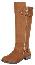Calf High Biker Boots, Quilted Panel, Stack Heel & Threaded Lug Sole
