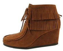 City Classified Women's Faux Suede Moccasin Fringe Lace Up Wedge