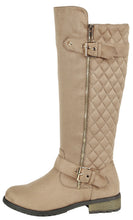 Calf High Biker Boots, Quilted Panel, Stack Heel & Threaded Lug Sole